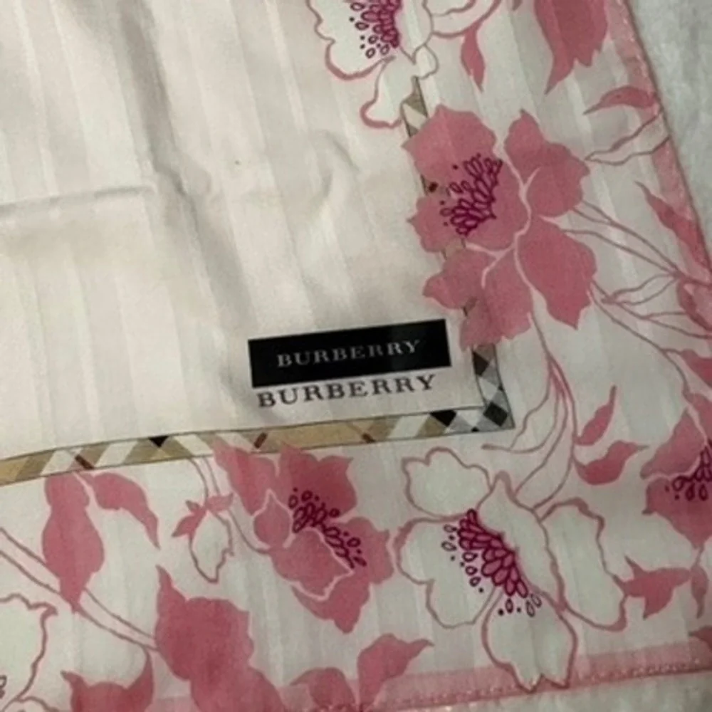 Vtg BURBERRY Scarf Handkerchief Floral Rose Cotton Pink White 19